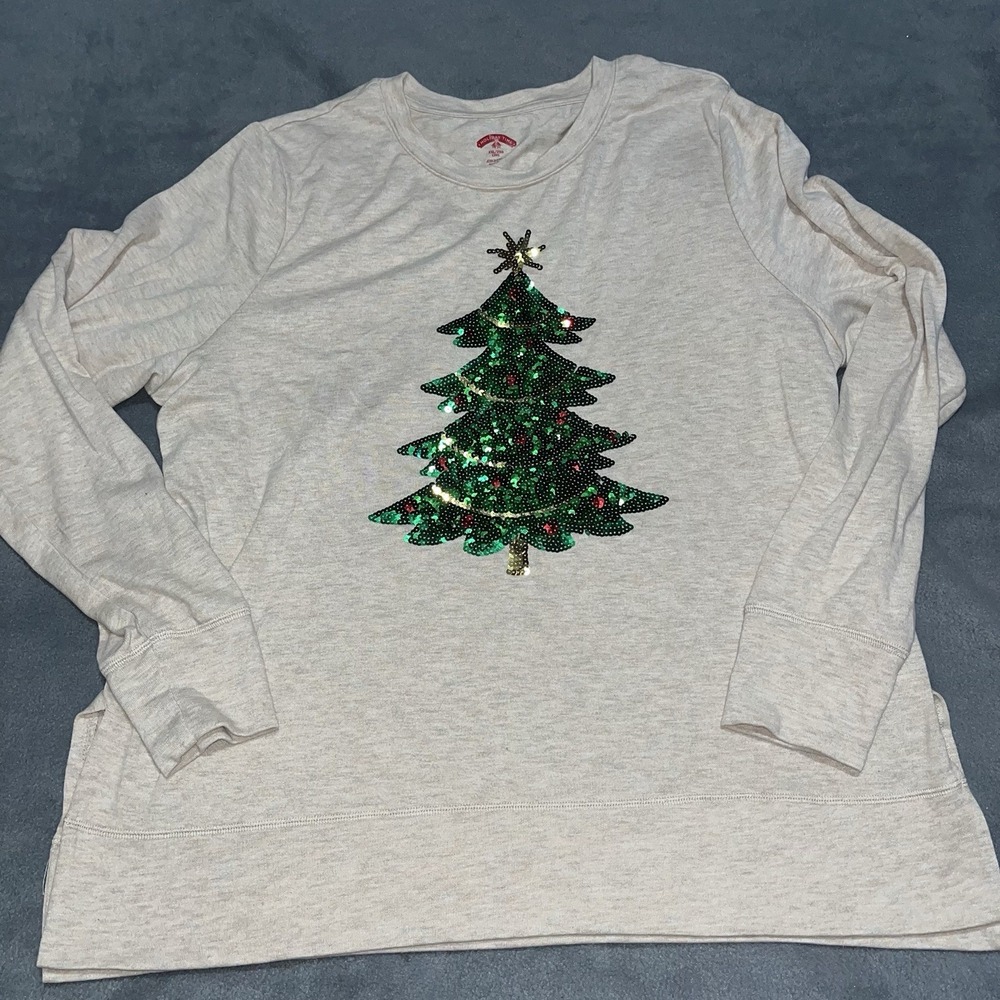 Holiday Time Women's XXL‎ Plus Christmas Tree Sequin Tan Long Sleeve Pullover